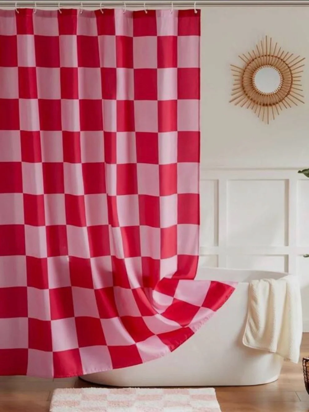 Elle Decor Femme Modern Vintage Pink & Red Checkered Bathroom Shower Curtain